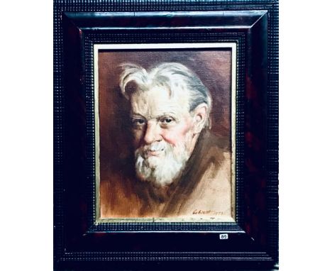 WALDRON WEST- OIL PORTRAIT OF FRANK BRANGWYN WITHIN TORTOISE SHELL EFFECT FRAME, SIGNED AND DATED 1937, APPROXIMATELY 25cm x 