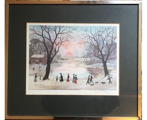 HELEN BRADLEY, FRAMED LITHOGRAPH DEPICTING PEOPLE AROUND A LAKE/POND WITH FINE ARTS WATER STAMP, INITIALED JLL, SIGNED TO BOT