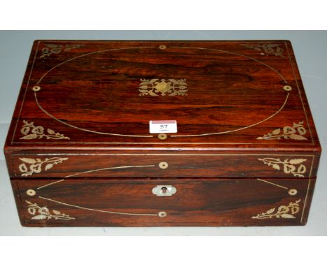 An early Victorian rosewood and mother of pearl inlaid writing slope having a fitted interior