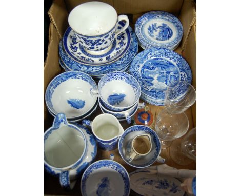 A box of miscellaneous china and glass to include; Copeland Spode Italian blue and white teawares 