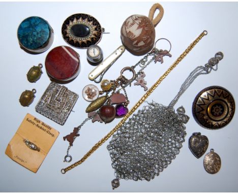 A small mixed lot to include; 19th century yellow metal and seed pearl set mourning brooch