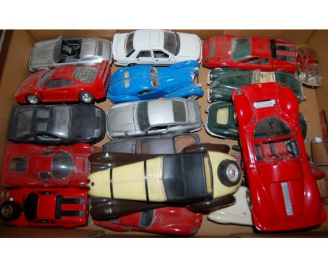 Two boxes of mixed scale diecast vehicles to include Burago, Corgi Classics, polistil and others, BMW 328, Bugatti Atlantic e