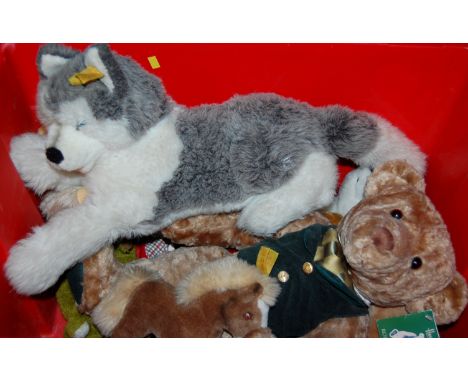 A box of stuffed toys to include; Steiff pony, Rodney Bear by Harrod's etc 