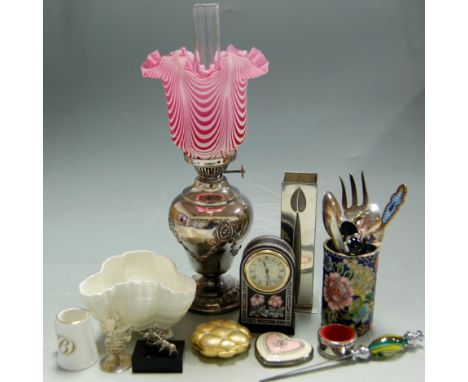 Mixed lot to include; enamel beaker, various souvenir and other spoons, Worcester shell shaped vase etc  