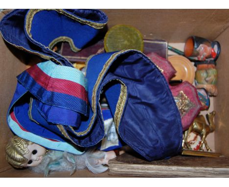 A mixed lot of sundries to include; masonic sash, cold painted figures, Meerschaum skull pipe etc 