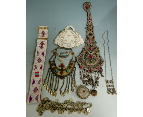 A small quantity of ethnic wares to include; beaded sash, beaded purse, metal necklet inset with semi-precious stones etc