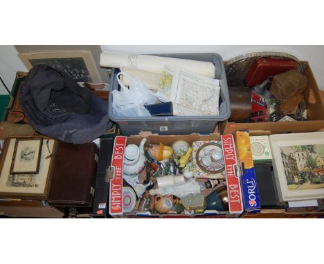 Six boxes of miscellaneous items to include; cameras, ordnance survey maps, twin handled gallery tray etc 
