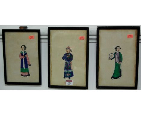 A set of three early 20th century hand-painted silk portrait
 pictures 