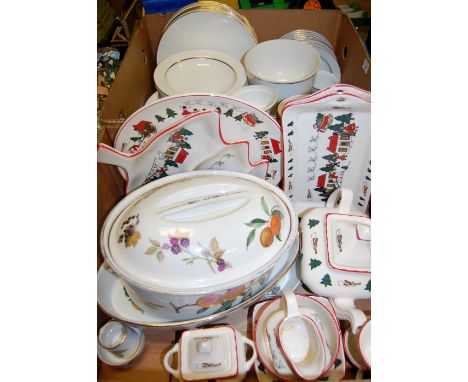 Two boxes of mixed china to include; Royal Worcester Evesham tureen, modern Mason's Christmas Village table china etc 