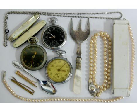 A mixed lot to include; mother of pearl handled fruit knife, faux pearl string necklace, and three nickel plated pocket watch