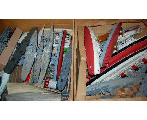 Two boxes containing a large quantity of plastic kit built ship and military related kits mainly 1/600 scale