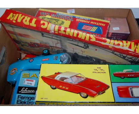 Various tinplate and plastic toys to include Shuco Sumara 2 electric boat, and Magic shunting train set, one empty box includ