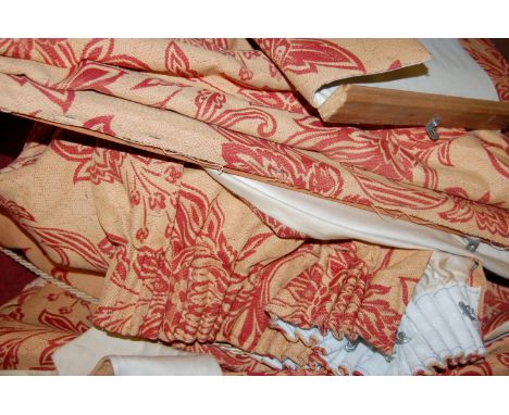 A double-lined floral decorated tapestry curtains, together with pelmet etc 