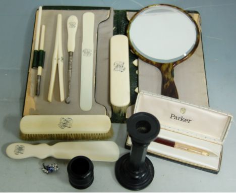 Mixed lot of ivory and other dressing table wares to include; glove stretchers, hand mirror, clothes brush, candlestick etc 