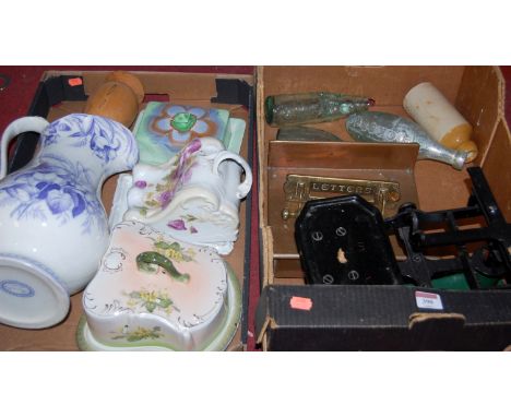 Two boxes of mixed china and sundries to include a large iron and copper kitchen scales, glass bottles, transfer printed chee