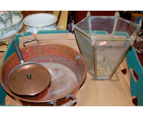 An early 20th century brass ceiling light fitting together with a twin handled copper pan and copper saucepan (3)
