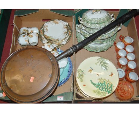 Two boxes of miscellaneous wares to include; Victorian and later dinner wares, copper warming pan, Japanese part tea service 