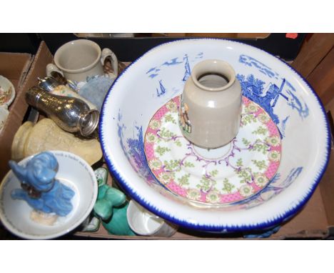 Mixed lot to include a WWII period air raid warning warden's clacker, sugar castors, blue & white transfer printed wash bowl,