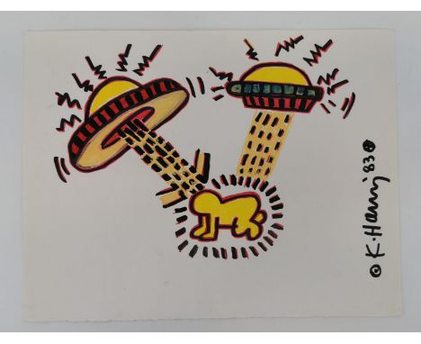 HARING, KEITH (Reading / USA 1958-1990 New York City), Filzstiftzeichnung auf leicht elfenbeinfarbenem Papier: ohne Titel (Uf