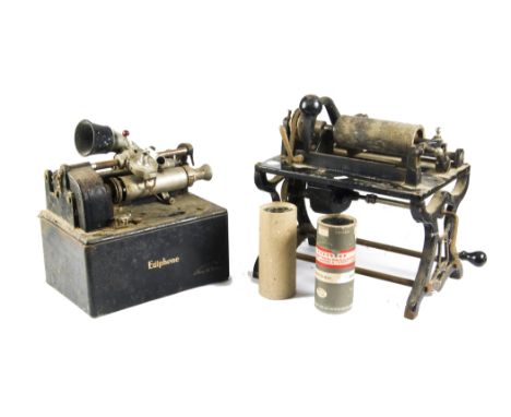 A cylinder dictating machine, Edison, in black metal case with electric motor and combined recorder/reproducer; and a hand-op