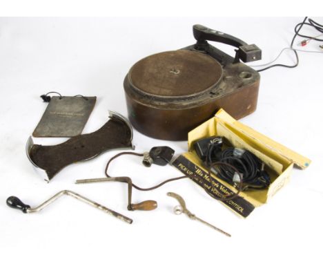 Gramophone parts,  including a Model 102 record tray, two winders, a Mikiphone arm and record clamp, an HMV No 11 pick up in 