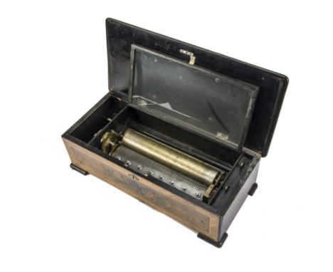 A musical box, eight-air, with (faded) inlaid lid and transfer-decorated crossbanded front -- 18 ½ in wide, the cylinder 10¾ 