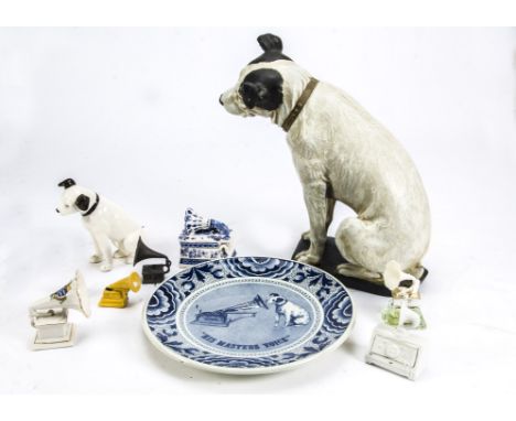 Gramophone souvenirs, a Delft plate printed with the HMV picture, a resin Nipper, a small ceramic Nipper , a crested horn gra