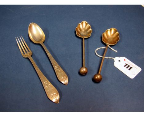 A Hallmarked Silver Child's Fork and Spoon, Birmingham 1864, each with engine turned decoration, initialled; Together with A 