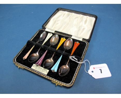 David Andersen; A Set of Six Harlequin Enamel Demitasse Spoons, stamped "David-Andersen Norway" "Sterling", in a "Chas. Greig