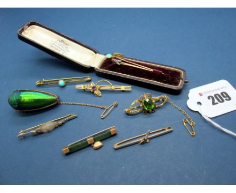 A Collection of Bar Brooches and Stickpins, including frosted glass and diamond, opal, scarab beetle etc. (10)