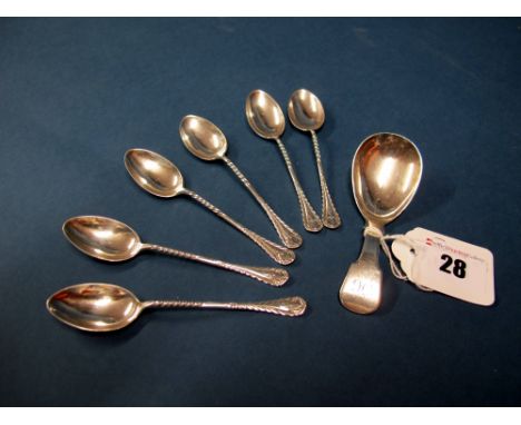 A Provincial Hallmarked Silver Fiddle Pattern Caddy Spoon, Peter Lambert, Newcastle 1812, initialled "H"; Together with A Set