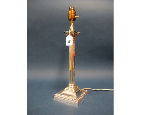 A Hallmarked Silver Table Lamp Base, (makers mark rubbed) Sheffield 1909, converted from a candlestick, of Corinthian column 