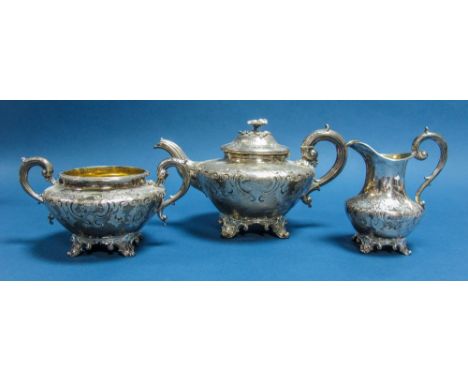 A William IV Hallmarked Silver Three Piece Teaset, Edward & John Barnard, London 1837, each allover leaf scroll engraved, wit