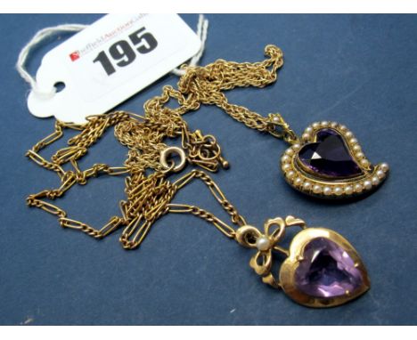 An Amethyst and Pearl Heart Shape Pendant, with black enamel detail, on a chain; Together with A 9ct Gold Heart Shape Pendant