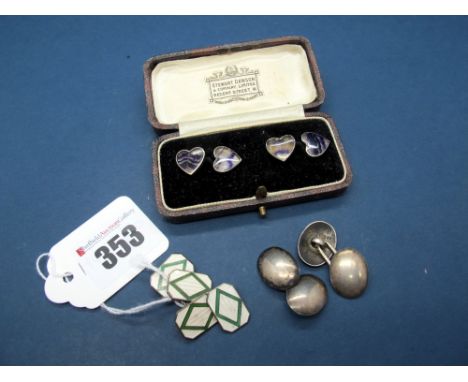 A Pair of Blue John Inset Heart Shape Cufflinks, on chain connections, in a fitted case; Together with A Pair of Green and Wh