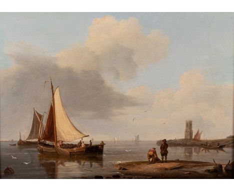 Hermanus Koekkoek the Elder (Dutch 1815-1882) FISHING BOATS ON A CALM SEA label adhered to the reverse bearing the artists na