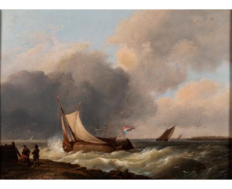 Hermanus Koekkoek the Elder (Dutch 1815-1882) FISHING BOATS ON A STORMY SEA label adhered to the reverse bearing the artists 