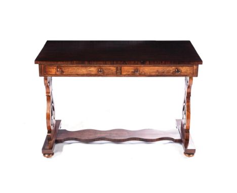 A VICTORIAN ROSEWOOD SOFA TABLE The rectangular top above a pair of frieze drawers and opposing dummy drawers, on baluster-sh