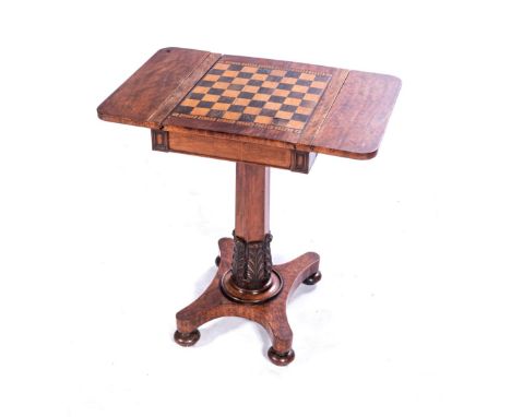 A WILLIAM IV MAHOGANY GAMES TABLE The hinged rectangular top centred by a sliding panel enclosing a backgammon and chess boar