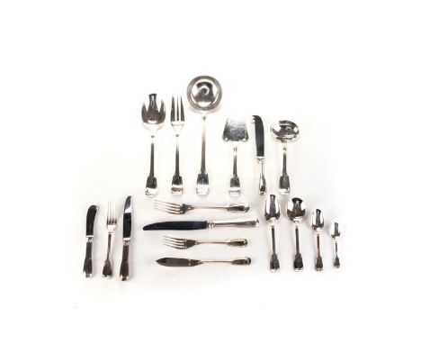 AN ELECTROPLATE FIDDLE AND THREAD PATTERN CUTLERY SET, CHRISTOFLE Comprising: twelve dinner knives, twelve dinner forks, twel