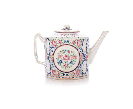 A CHINESE FAMILLE ROSE FRENCH MARKET ‘ROSE’ TEAPOT, QING DYNASTY, QIANLONG, 1735 – 1796 The cylindrical body rising to a shap