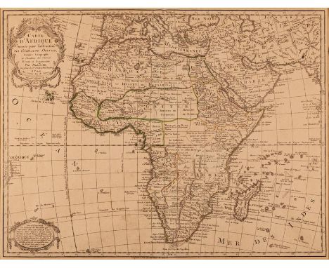 Guillaume De L’isle CARTE D'AFRIQUE Paris, 1805 Copperplate, hand coloured, light foxing, glued to window mount mostly outsid