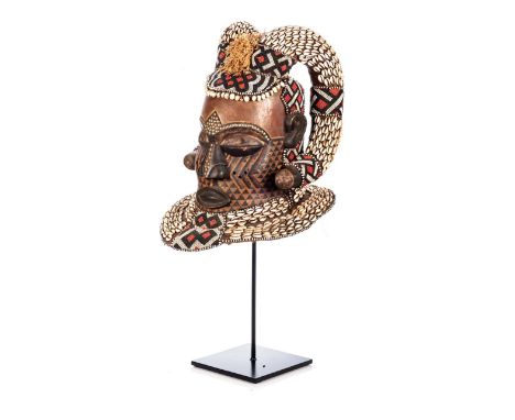 KUBA  HELMET  MASK, DEMOCRATIC REPUBLIC OF CONGO, MODERN Elaborately decorated with cowrie shells, red, white and black beads