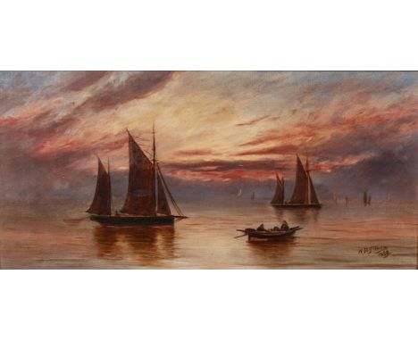 H.P. Fritholm (British School -) SEASCAPE WITH BOATS; BEACH WITH TWO FIGURES, two signed and dated 1909 oil on canvas 22 by 4