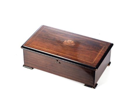 AN EBONISED AND INLAID MUSIC BOX, 19TH CENTURY The rectangular hinged top enclosing a cylinder movement playing ten airs, sto