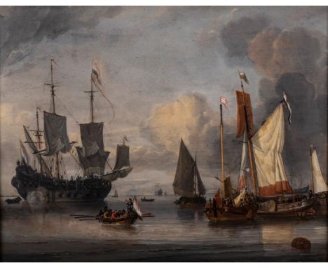 Abraham Storck (Dutch 1635-1710) WARSHIP TAKING ON SUPPLIES label from the National Gallery of South Africa adhered to the re