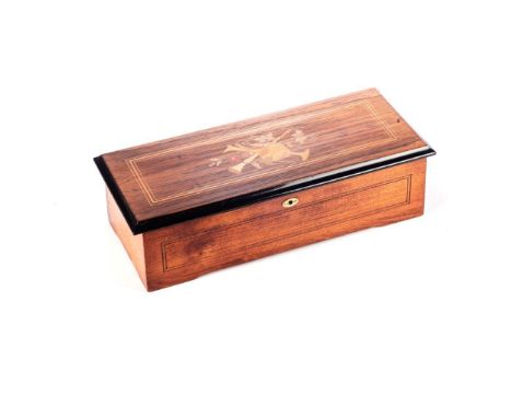 A SWISS EBONISED AND INLAID MUSIC BOX, 19TH CENTURY The rectangular hinged top enclosing a cylinder movement playing eight ai