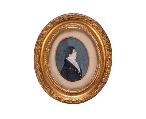 A MINIATURE PORTRAIT PAINTING ON IVORY OF A GENTLEMAN, 1810 NOT SUITABLE FOR EXPORTThe dapper dark-haired gentleman depicted 