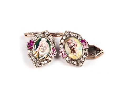 A PAIR OF ENAMEL AND GEMSET CUFFLINKS Each centred with a miniature enamelled portrait of a maharaja, the surround embellishe