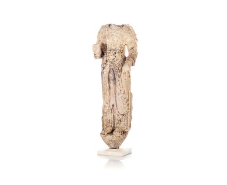 A CHINESE WHITE MARBLE FRAGMENT OF A BODHISATTVA, SUI DYNASTY STYLE, QING DYNASTY, 1644 – 1912 Raised on a circular base, the